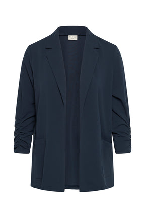 Kaffe Curve Pheolo Blazer in Navy, 3/4 ruched sleeves, open front with collar and lapels and front pockets