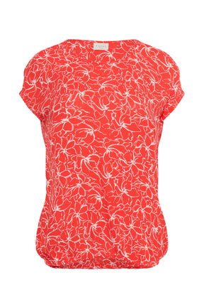 Red top with an all over white floral top with a round neckline, short sleeves and an elasticated hem on a white background