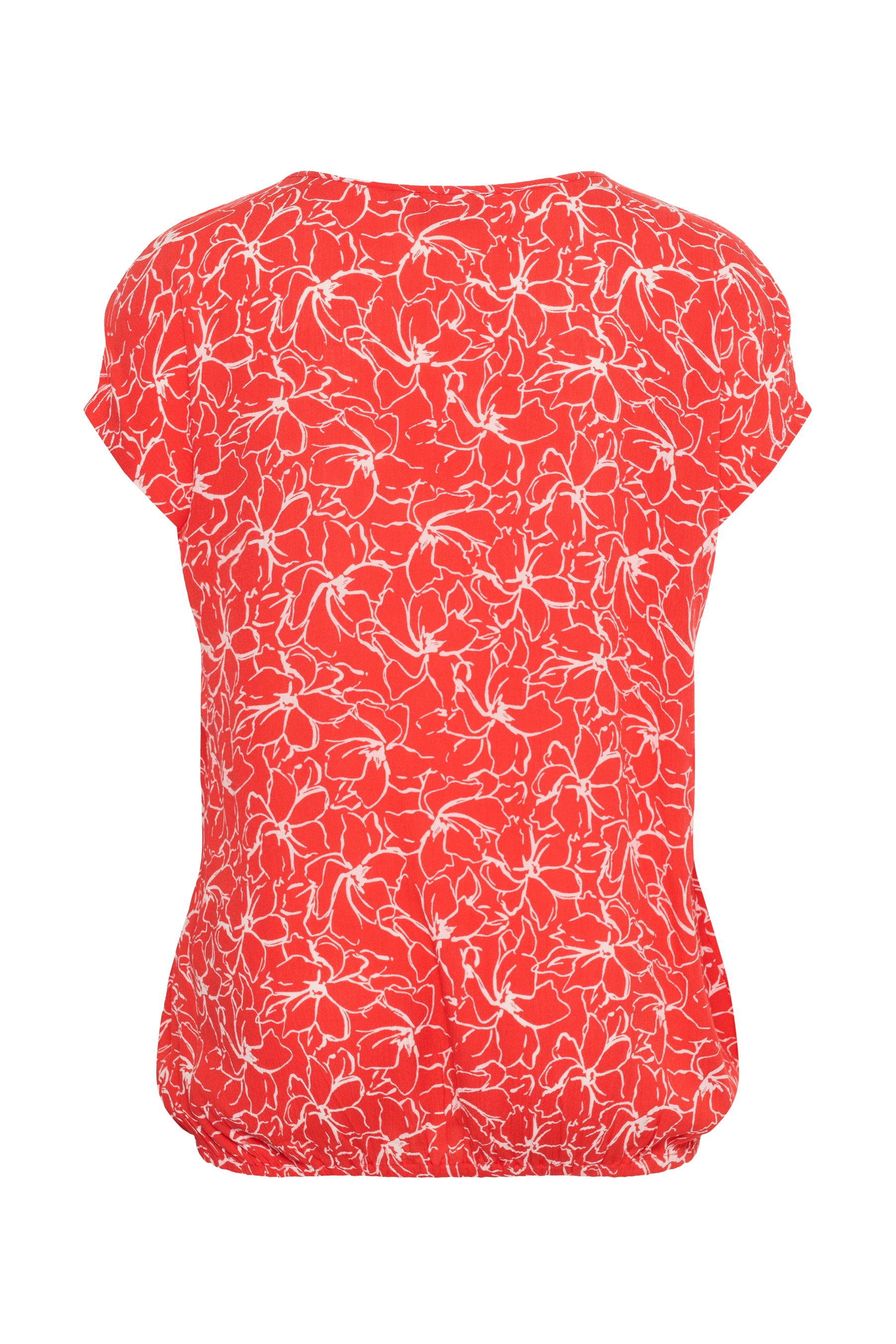 Red top with an all over white floral top with a round neckline, short sleeves and an elasticated hem on a white background