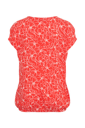 Red top with an all over white floral top with a round neckline, short sleeves and an elasticated hem on a white background