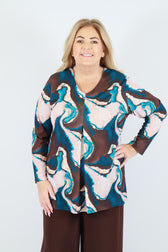 Magna A-Line Top in Teal/Brown Print