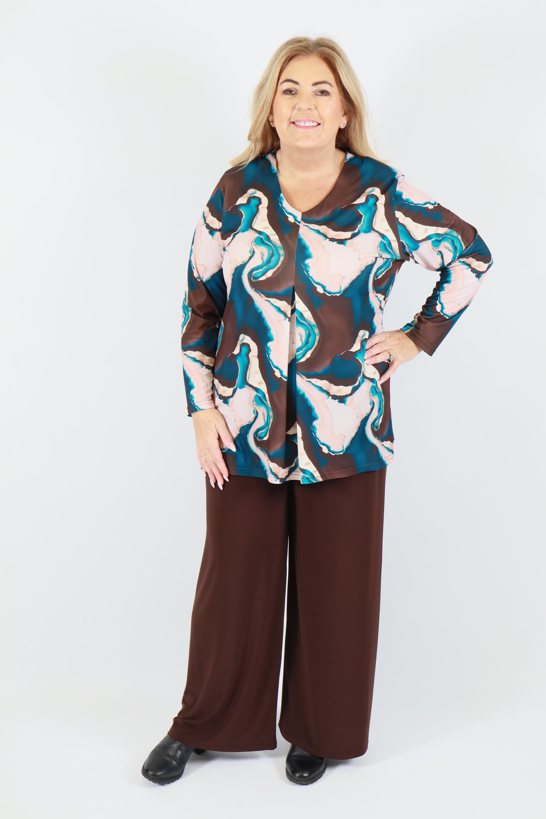 Magna A-Line Top in Teal/Brown Print