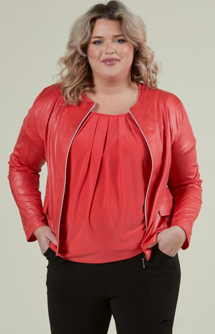 Magna Leather Look Jacket in Coral