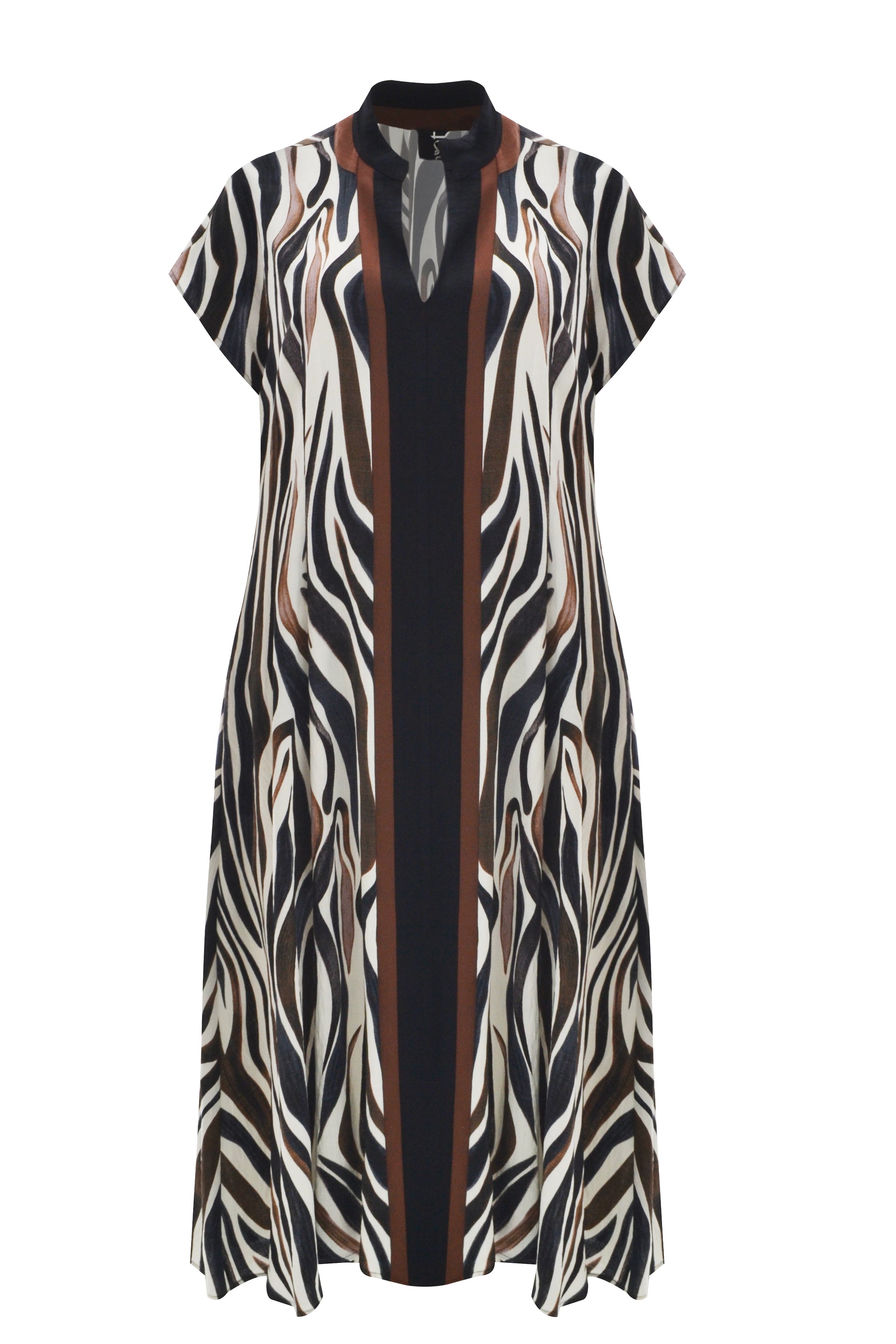 Mat Animal Print Dress,A patterned dress with a zebra-like design, an A-line shape, midi length, V neckline and short sleeves on a white background