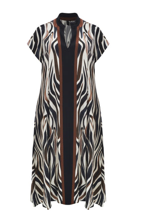 Mat Animal Print Dress,A patterned dress with a zebra-like design, an A-line shape, midi length, V neckline and short sleeves on a white background