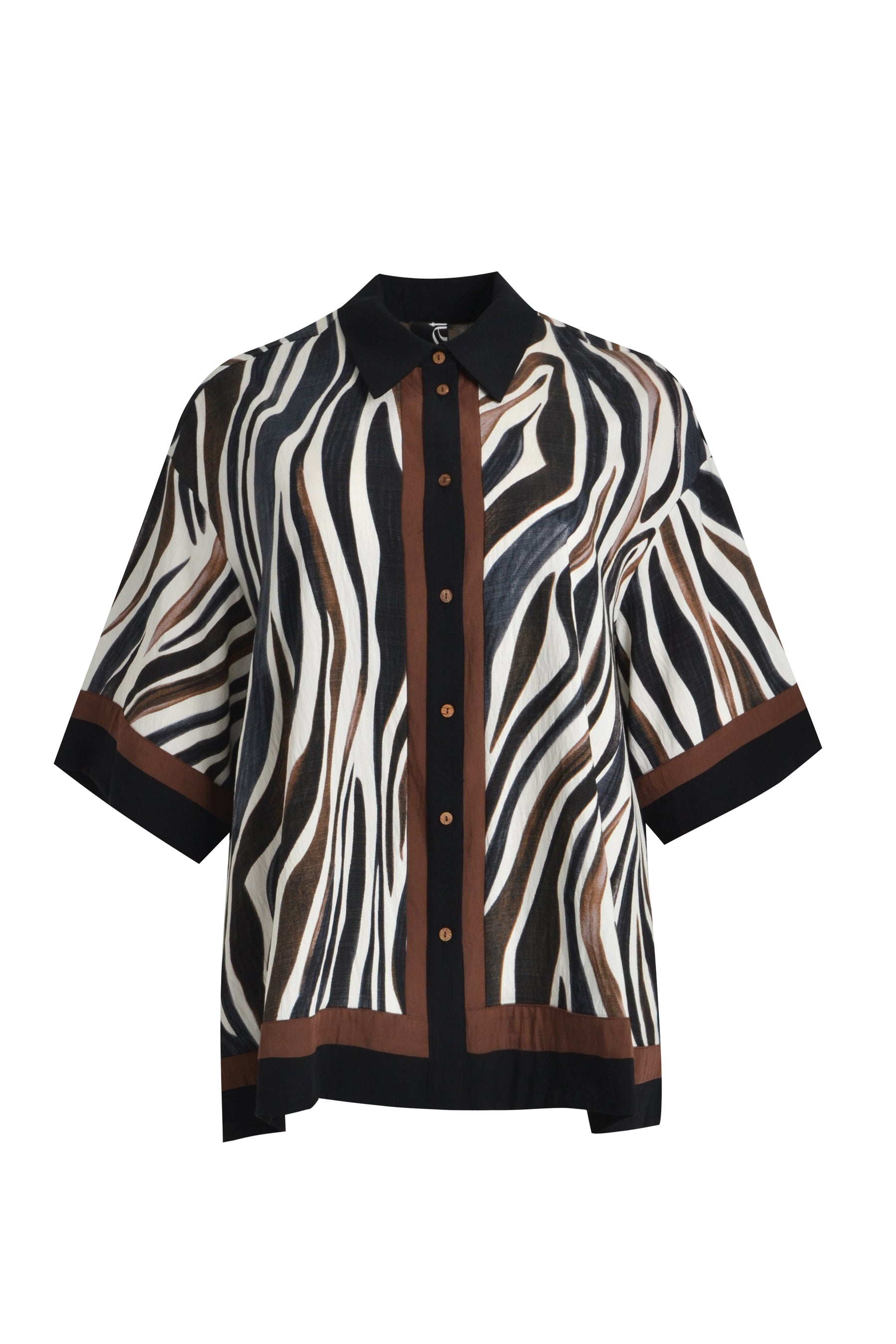 Mat Animal Print Shirt, a Zebra patterned shirt with black collar, button up front, 1/2 length sleeves and an oversized fit with side slits on a white background