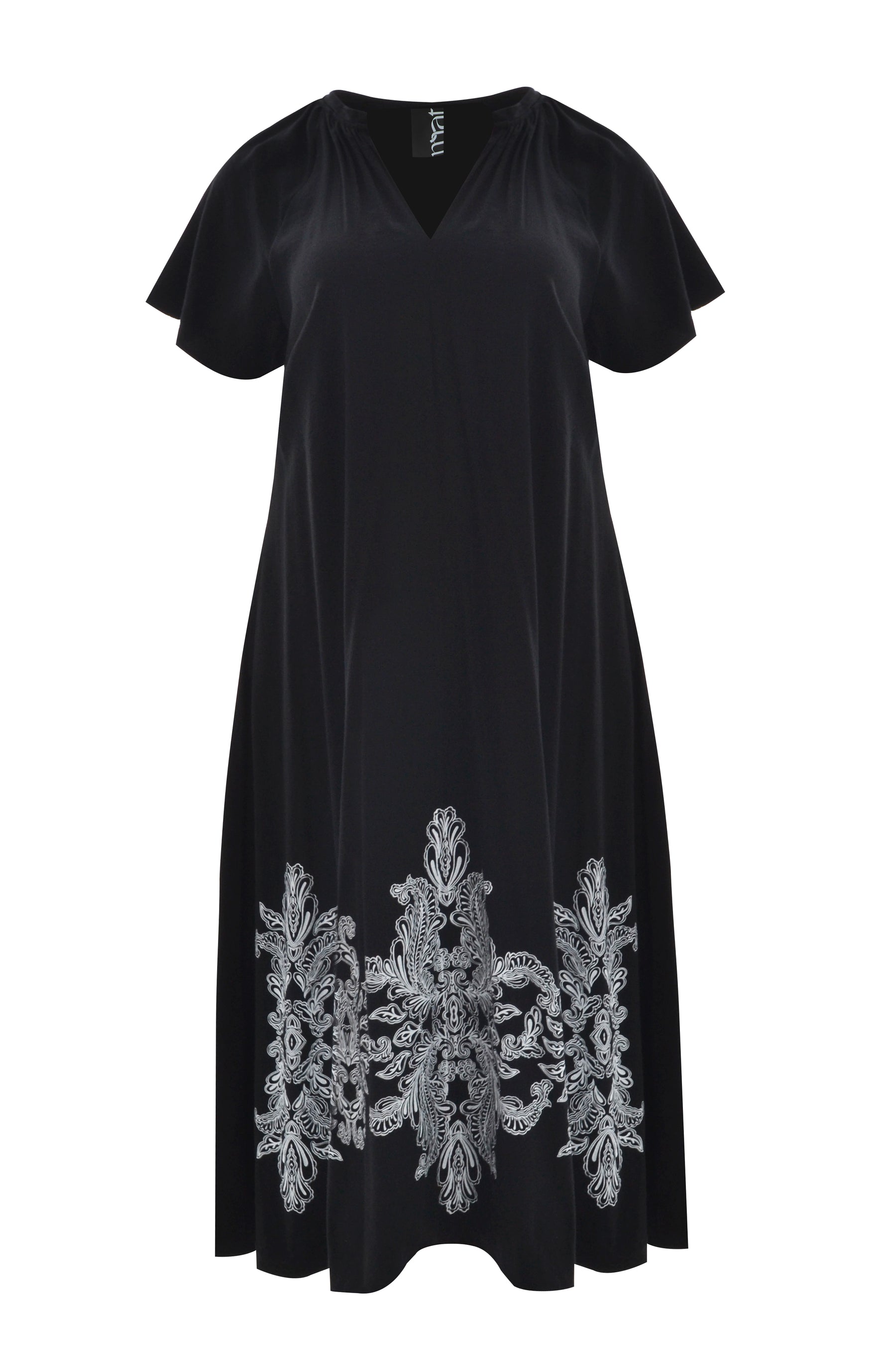 Mat Black Dress with Paisley Print,a black dress with white embroidery on a white background
