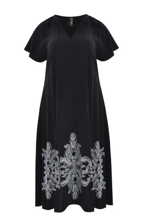 Mat Black Dress with Paisley Print,a black dress with white embroidery on a white background