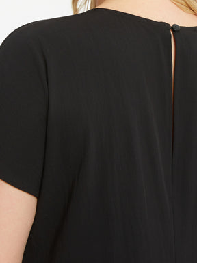 Mat Black Dress with Side Stripes, close up of the back with a round neckline with button and keyhole closure and short sleeves on a neutral background