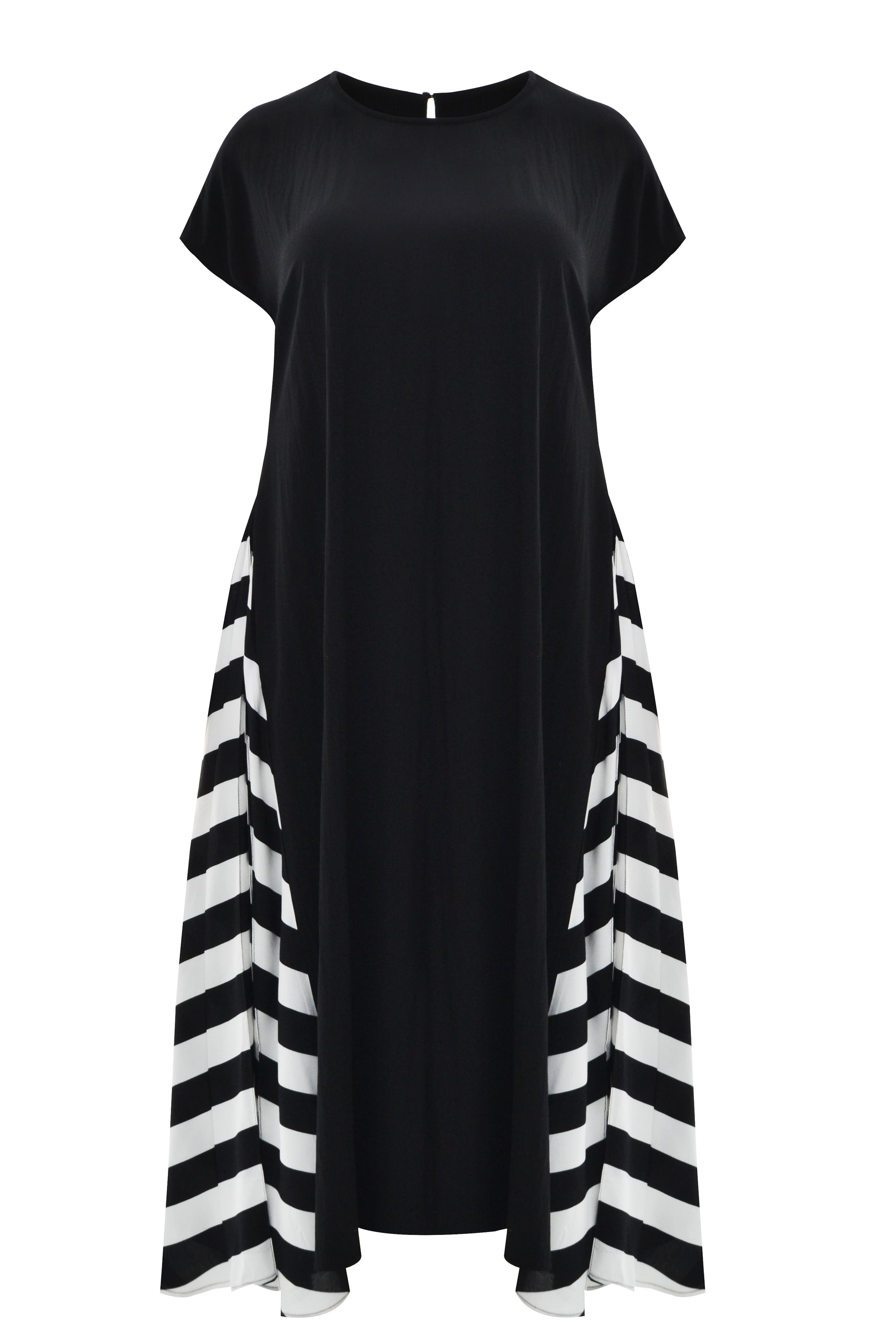 Black dress with a white and black striped pattern on a white background