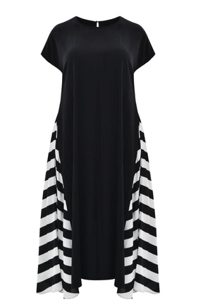 Black dress with a white and black striped pattern on a white background