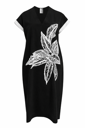 Black dress with a V neckline, short sleeves, midi length and white floral design on a white background