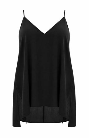 Mat Cami in Black, front view, with a V neckline, spaghetti straps, curved hem, A-line shape and side slits 