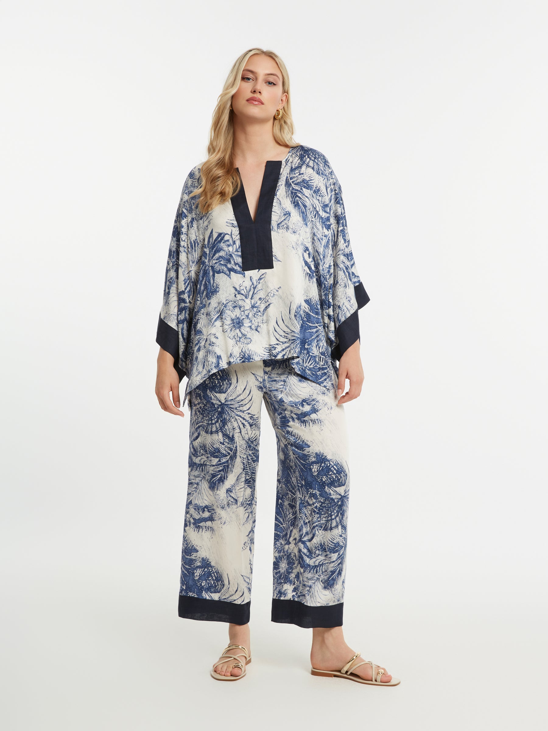 Mat Cream and Blue V Neck Top 