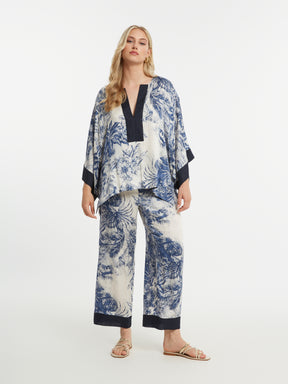 Mat Cream and Blue V Neck Top 