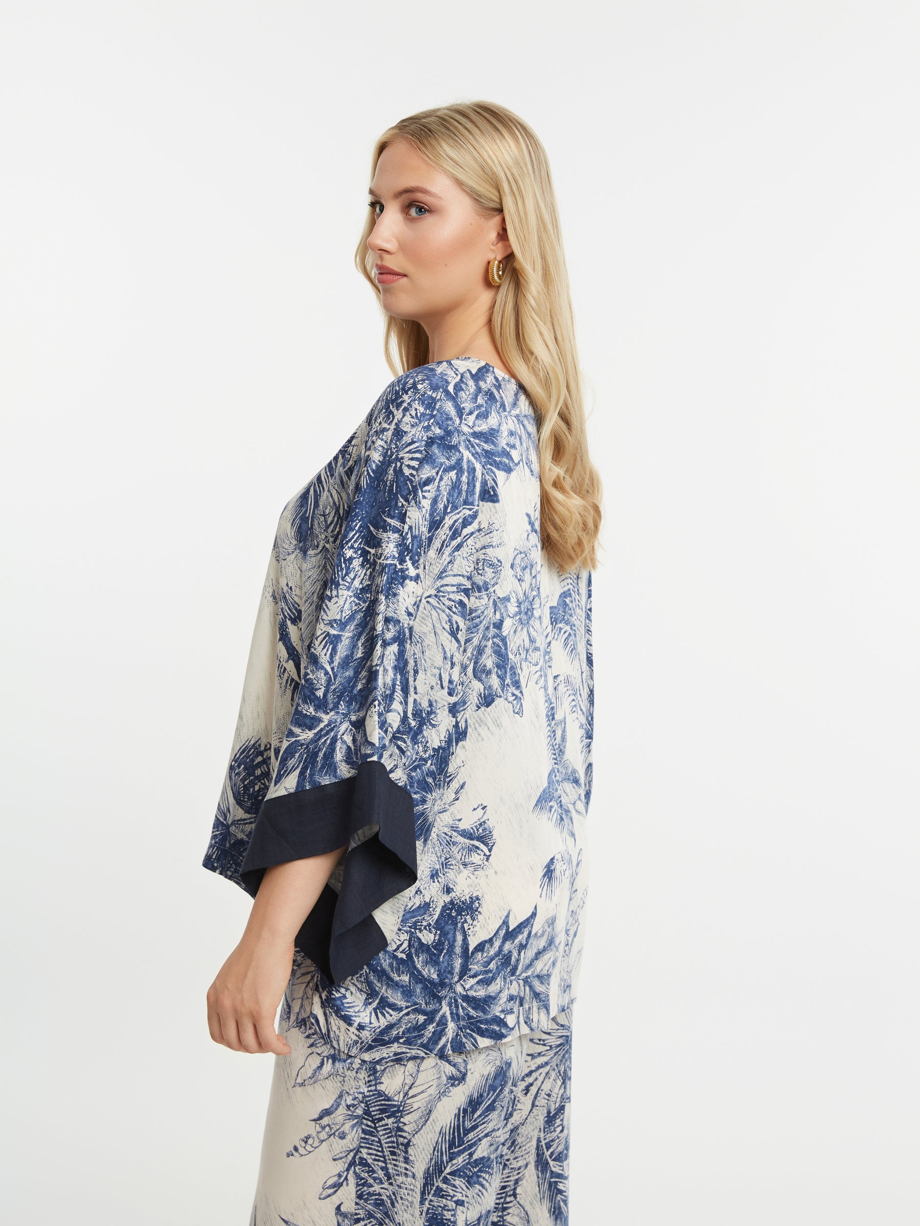 Mat Cream and Blue V Neck Top