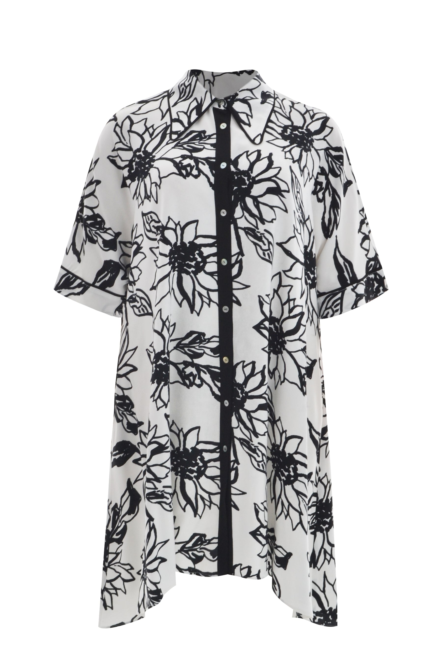 Black floral patterned shirt on a white background