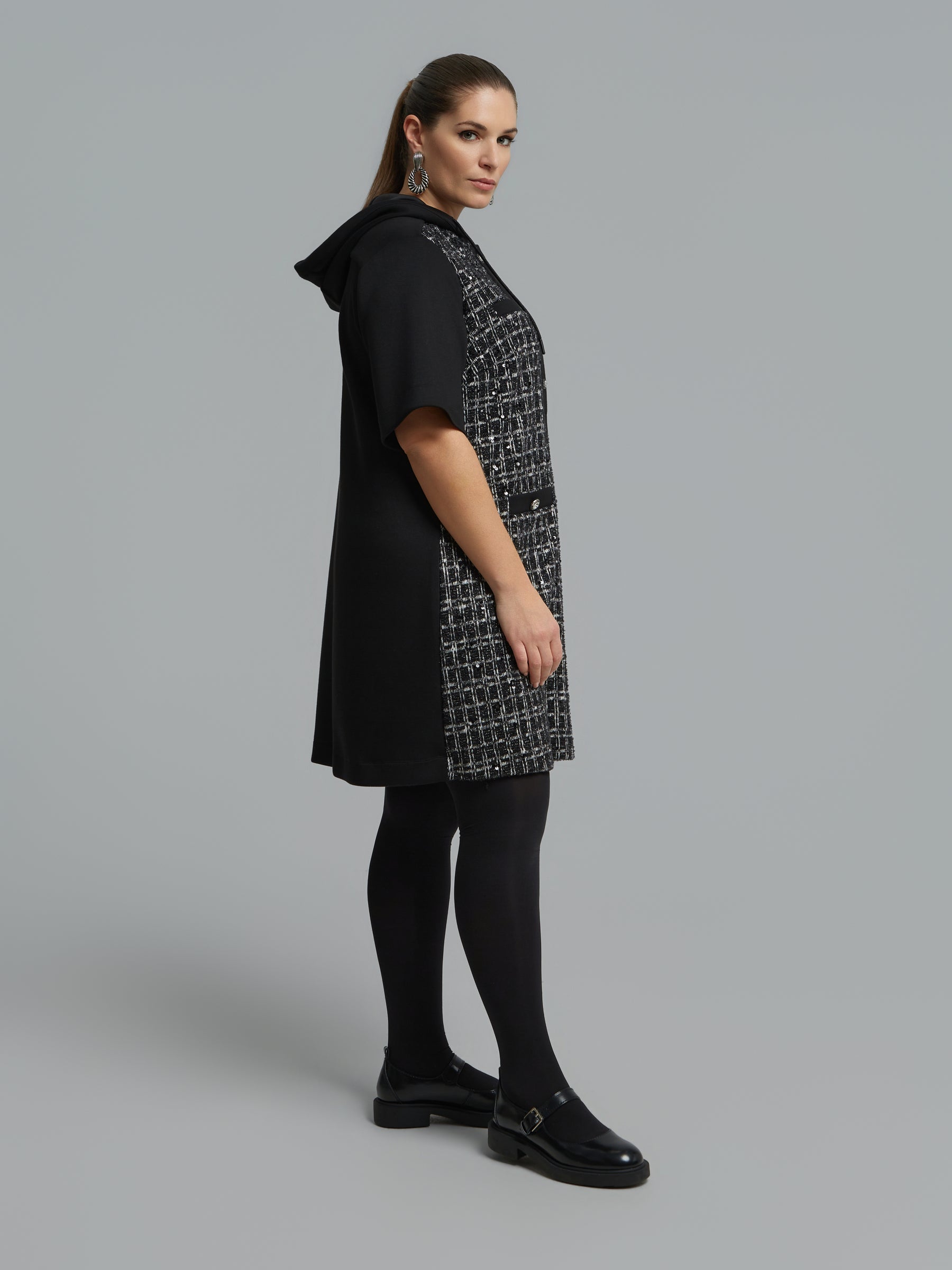 Mat Hooded Sequin Dress in Black 