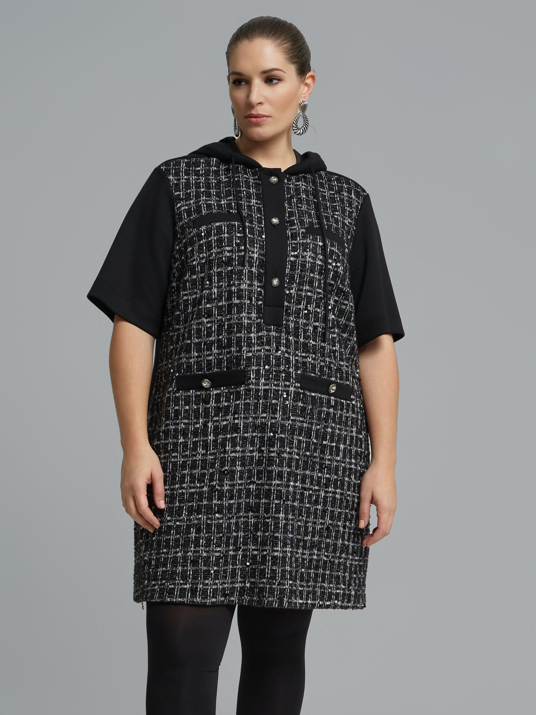 Mat Hooded Sequin Dress in Black 