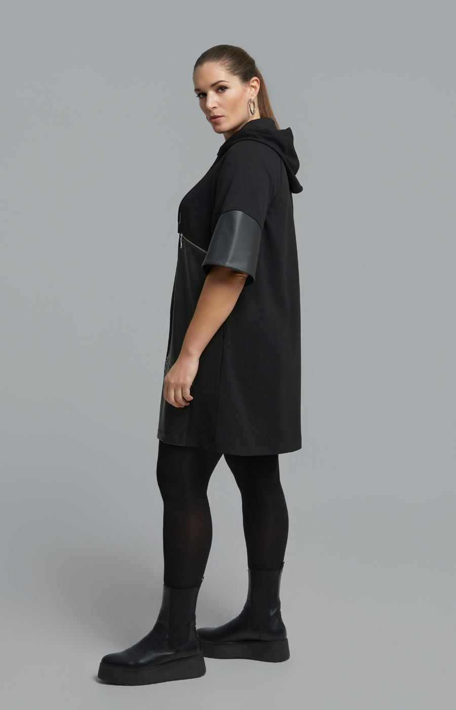 Mat Hooded Zip Dress in Black 