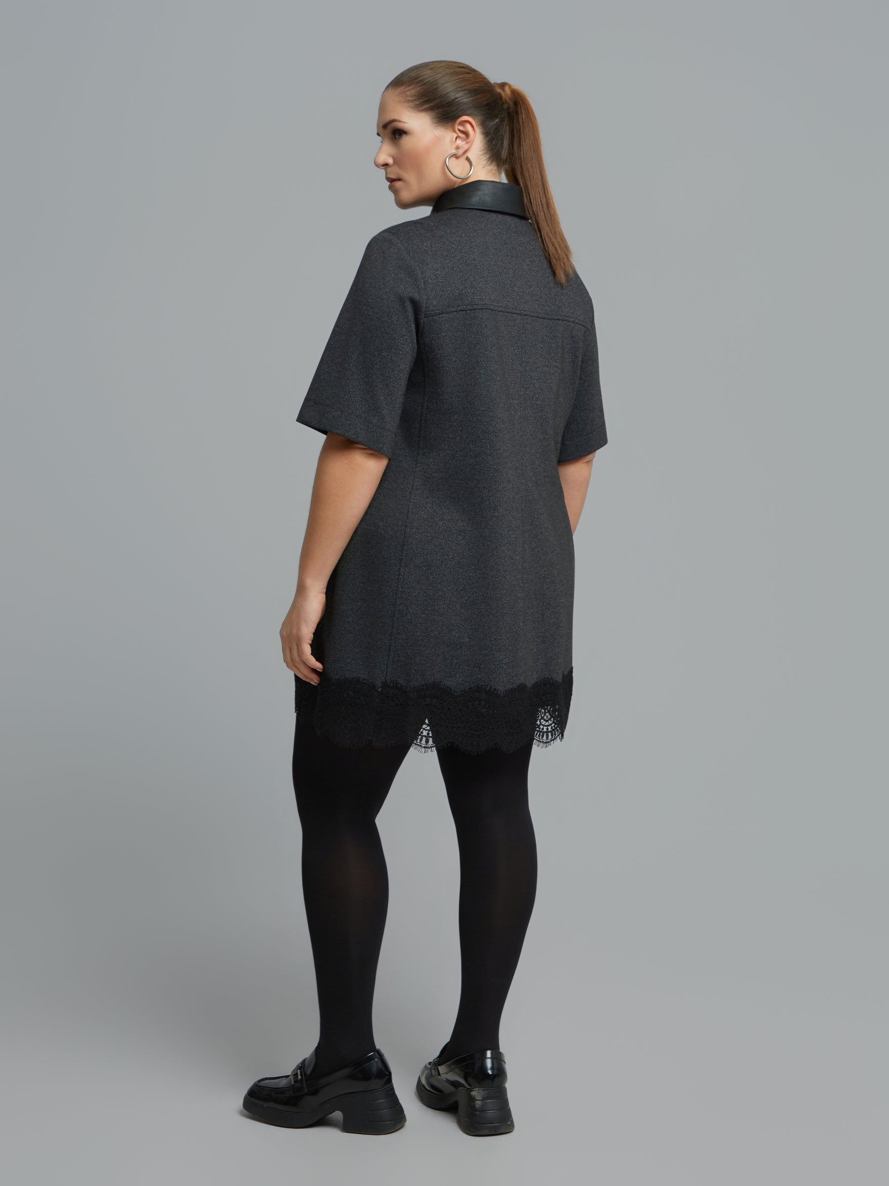 Mat Lace Trim Dress in Charcoal 
