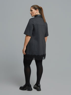 Mat Lace Trim Dress in Charcoal 