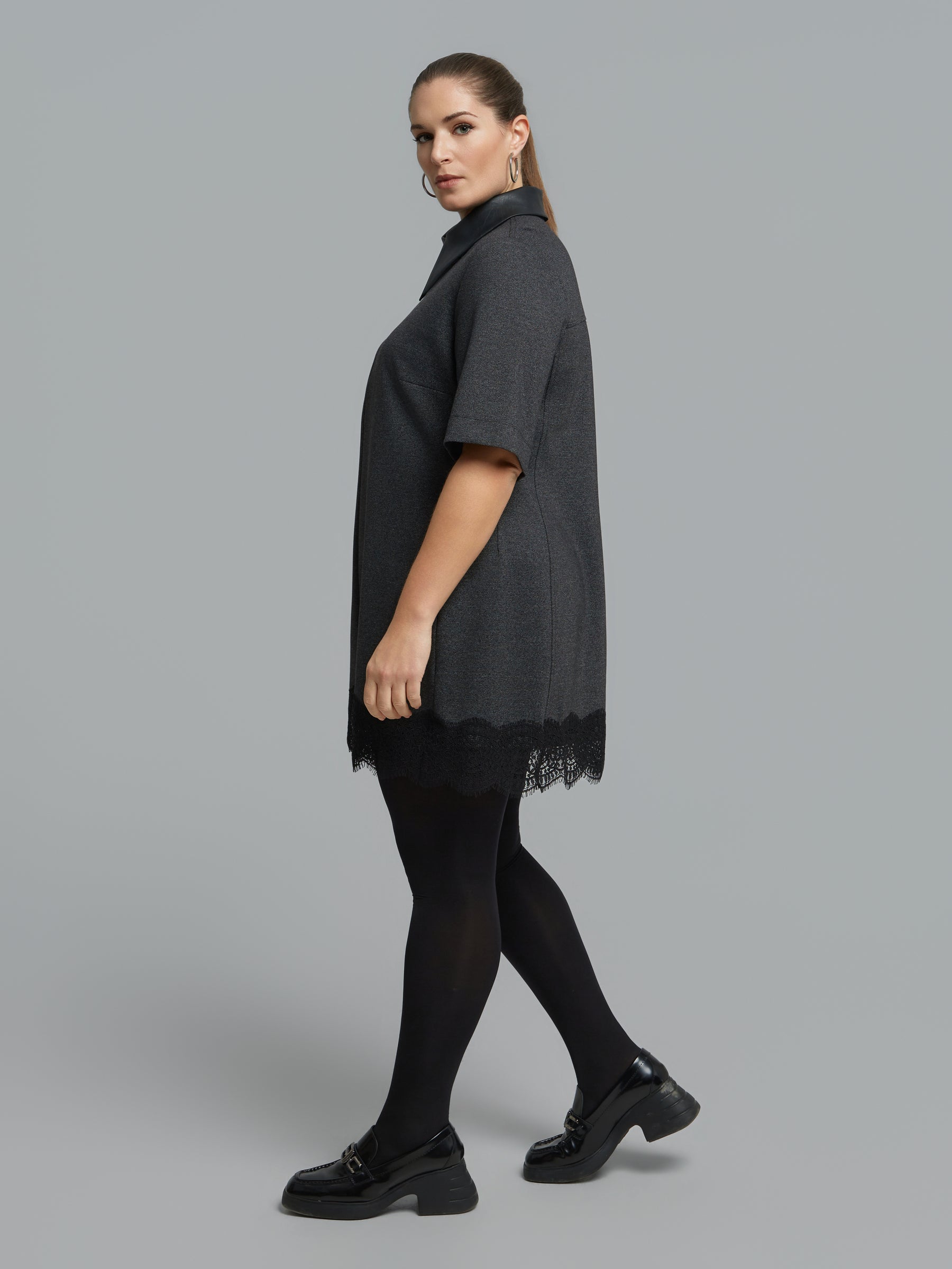 Mat Lace Trim Dress in Charcoal 