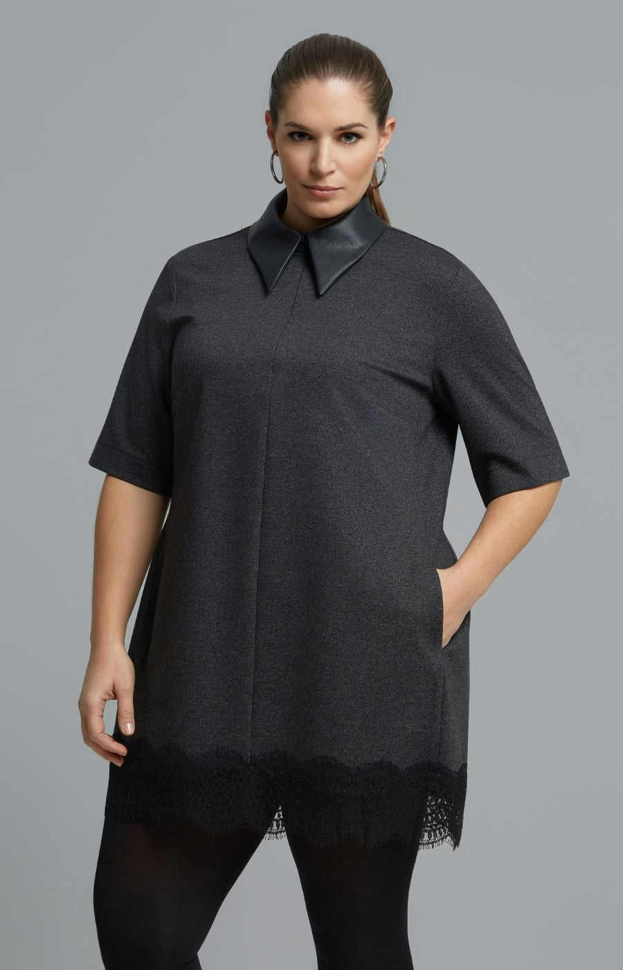 Mat Lace Trim Dress in Charcoal 