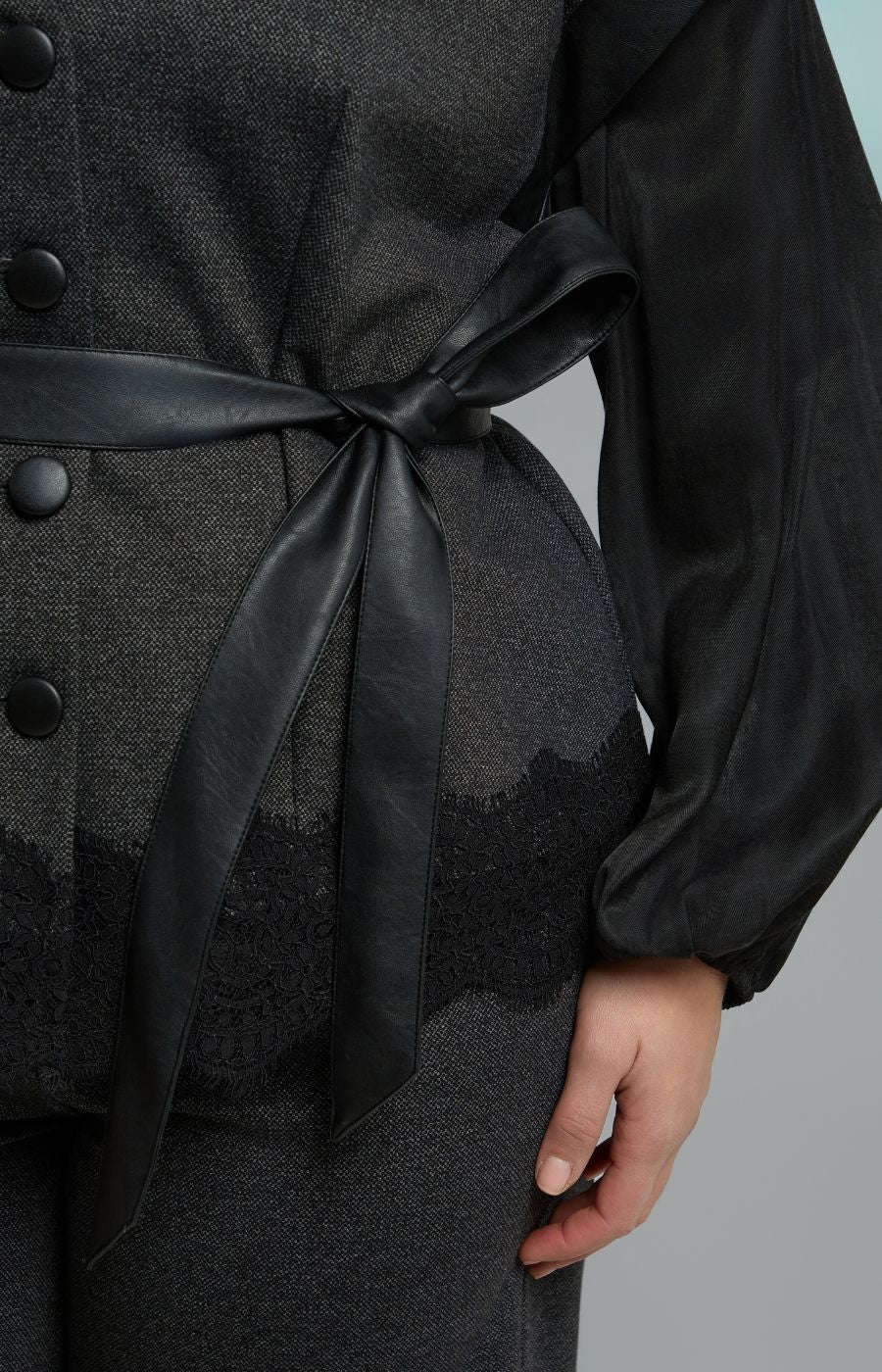 Mat Lace Trim Top in Charcoal 
