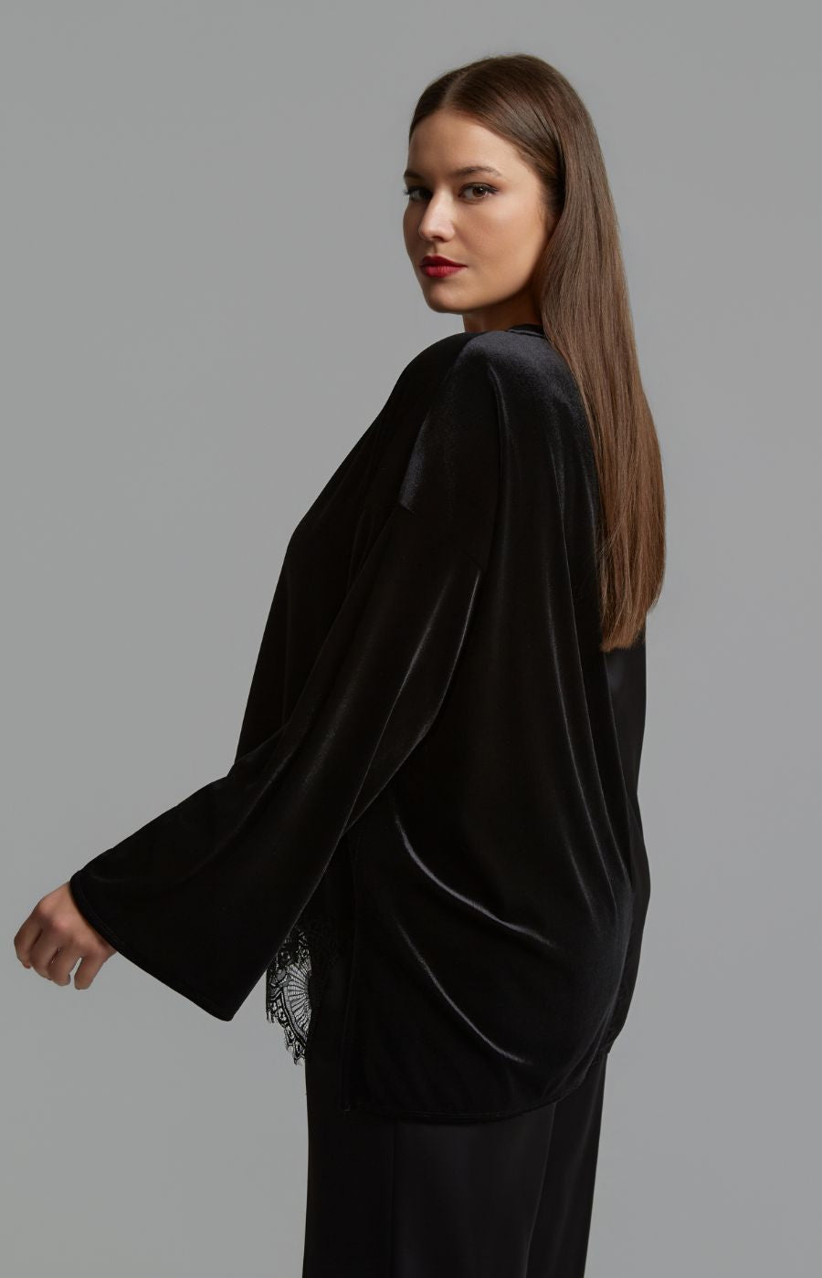 Mat Lace Trim V Neck Blouse in Black 