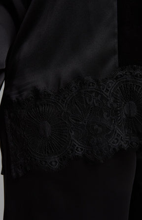 Mat Lace Trim V Neck Blouse in Black 