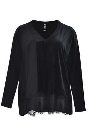 Mat Lace Trim V Neck Blouse in Black 