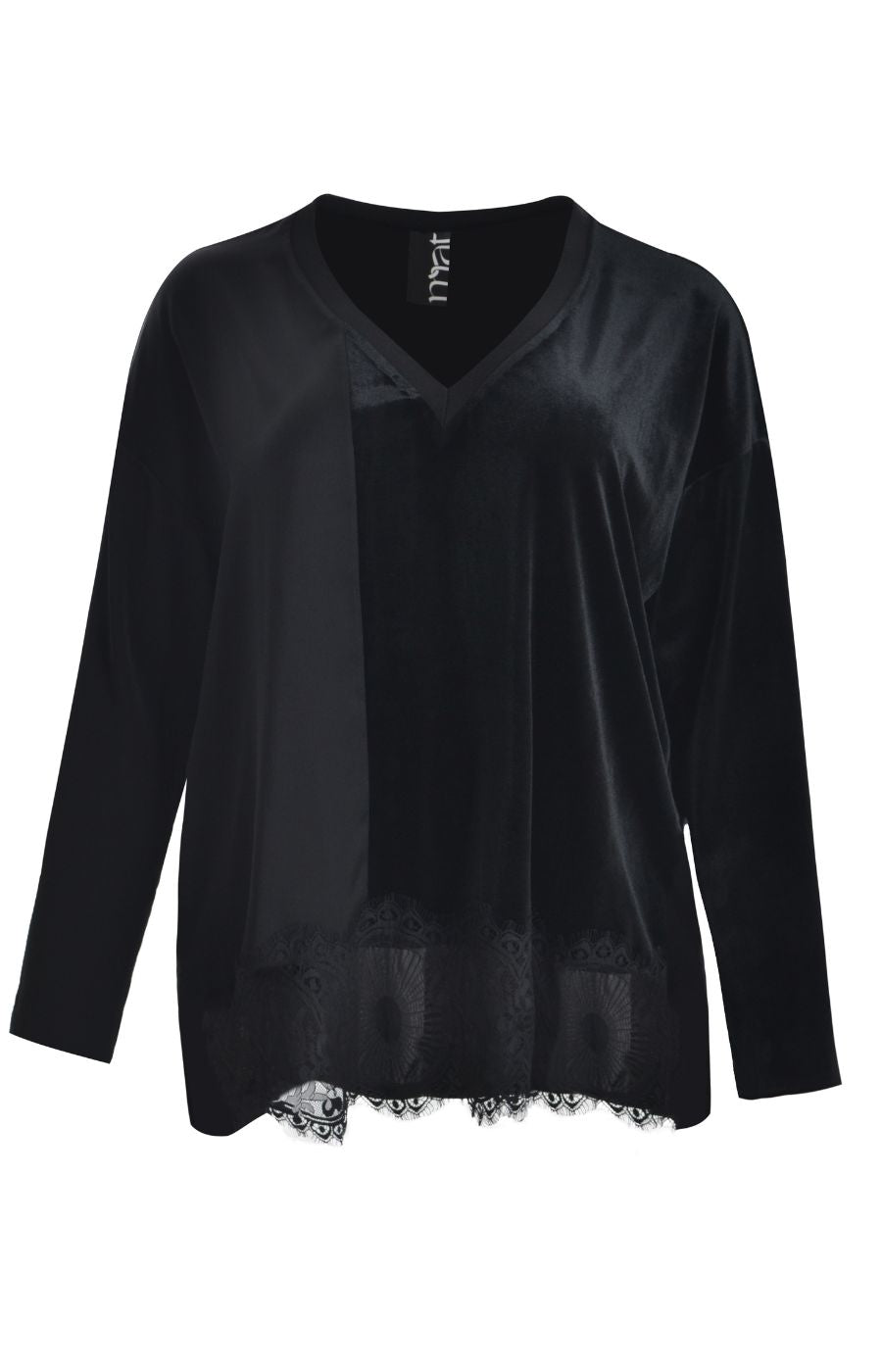 Mat Lace Trim V Neck Blouse in Black 