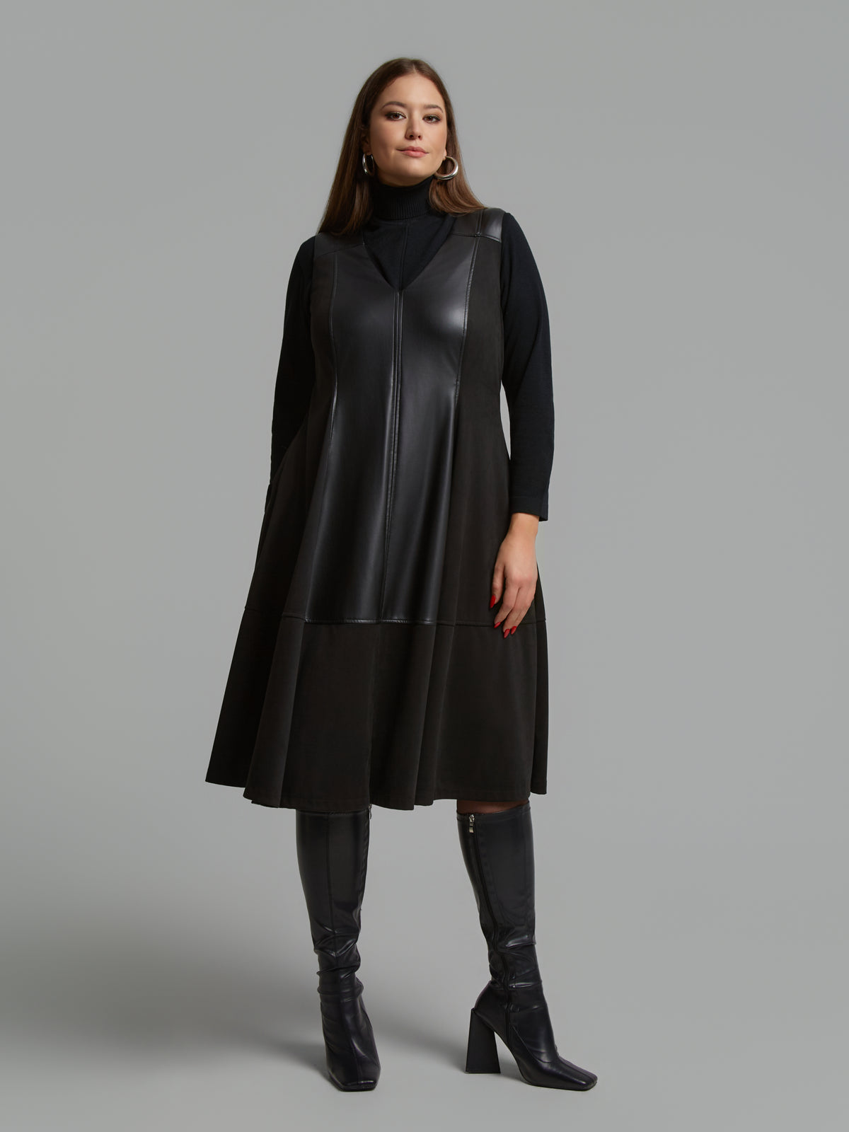 Mat Leather Panel Dress in Black 