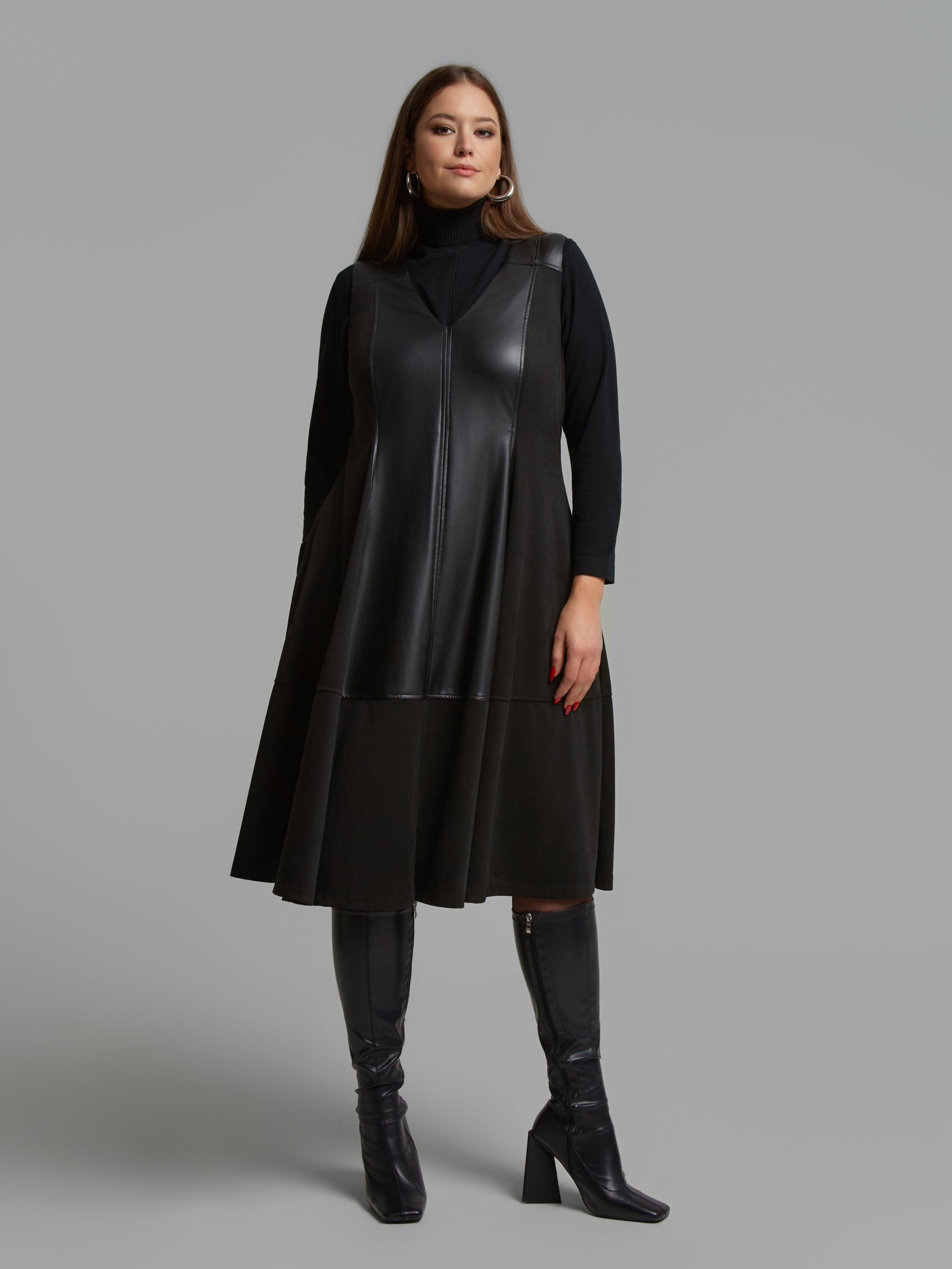Mat Leather Panel Dress in Black 