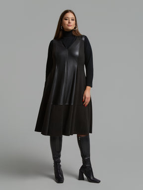 Mat Leather Panel Dress in Black 
