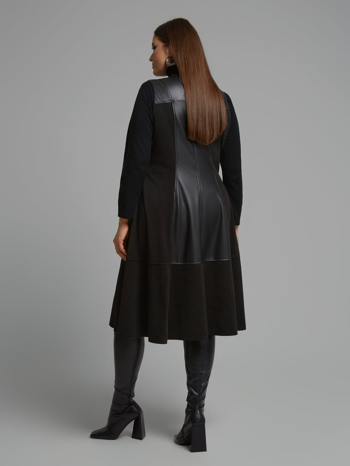 Mat Leather Panel Dress in Black 