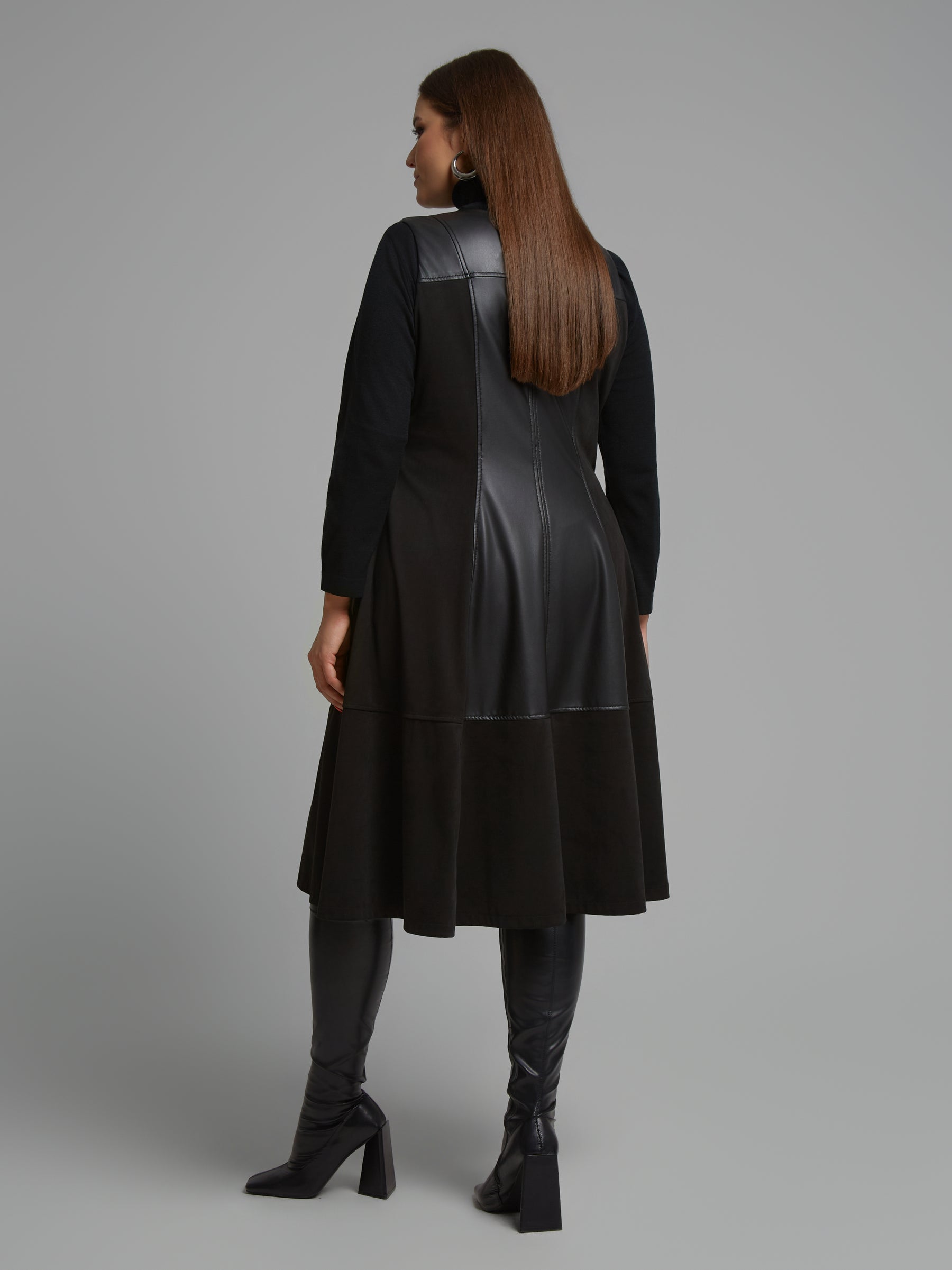 Mat Leather Panel Dress in Black 