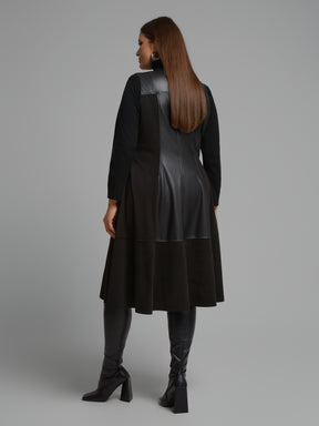 Mat Leather Panel Dress in Black 