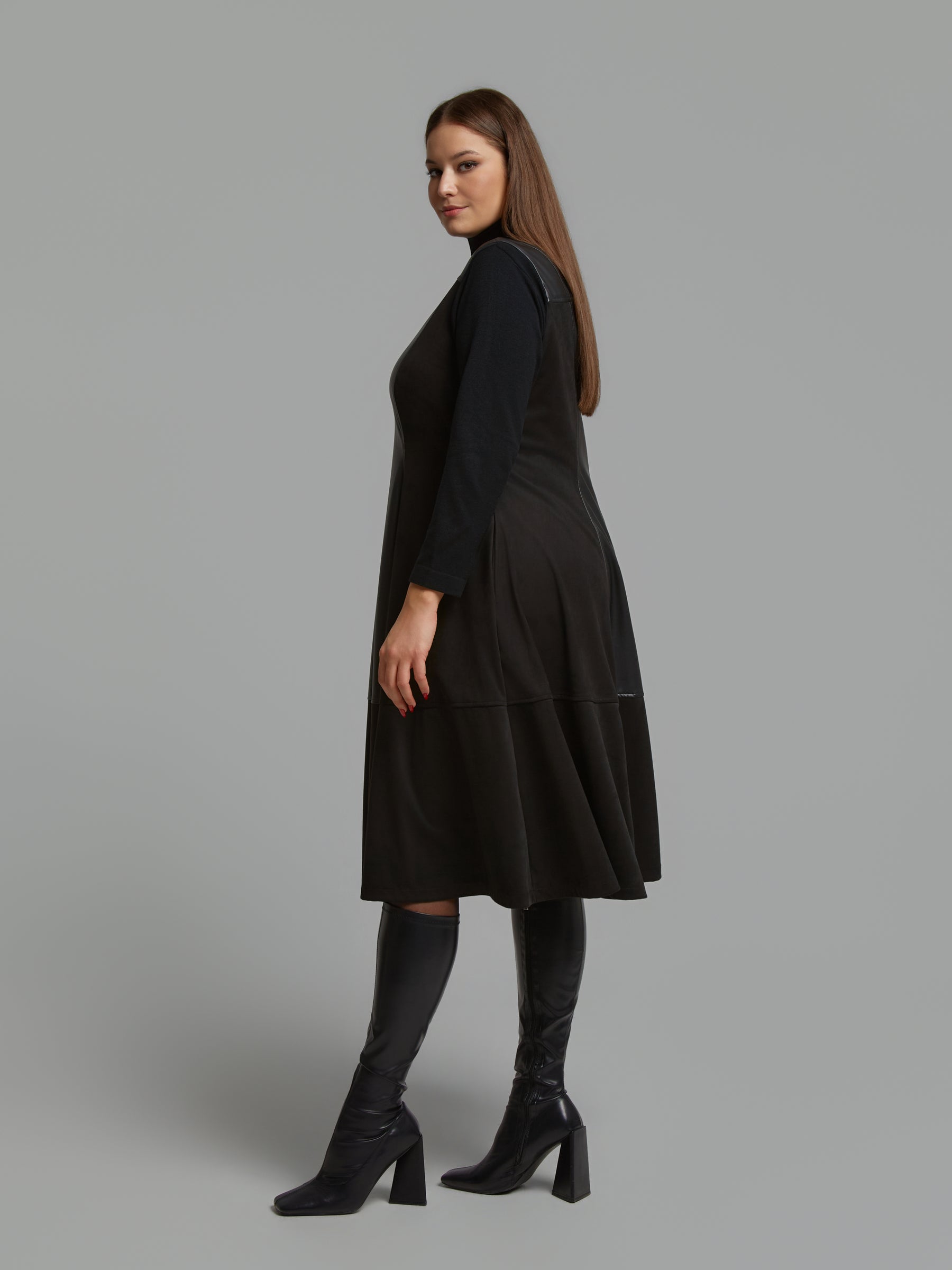 Mat Leather Panel Dress in Black 