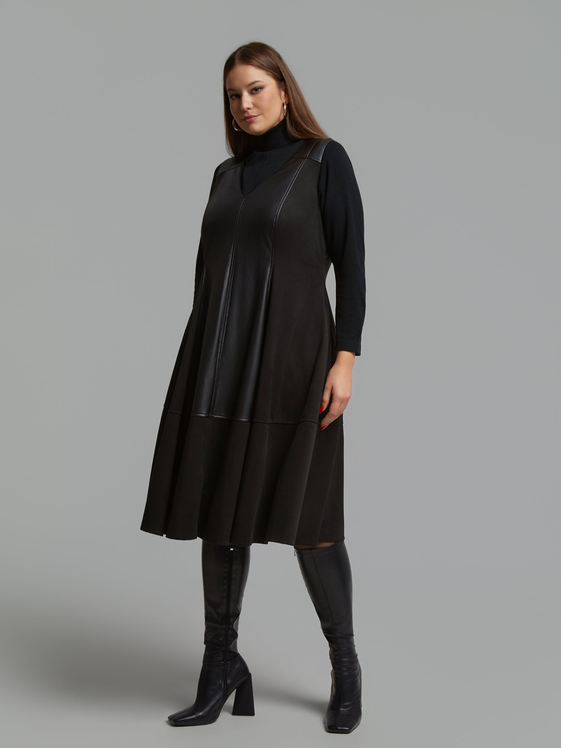 Mat Leather Panel Dress in Black 