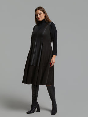 Mat Leather Panel Dress in Black 