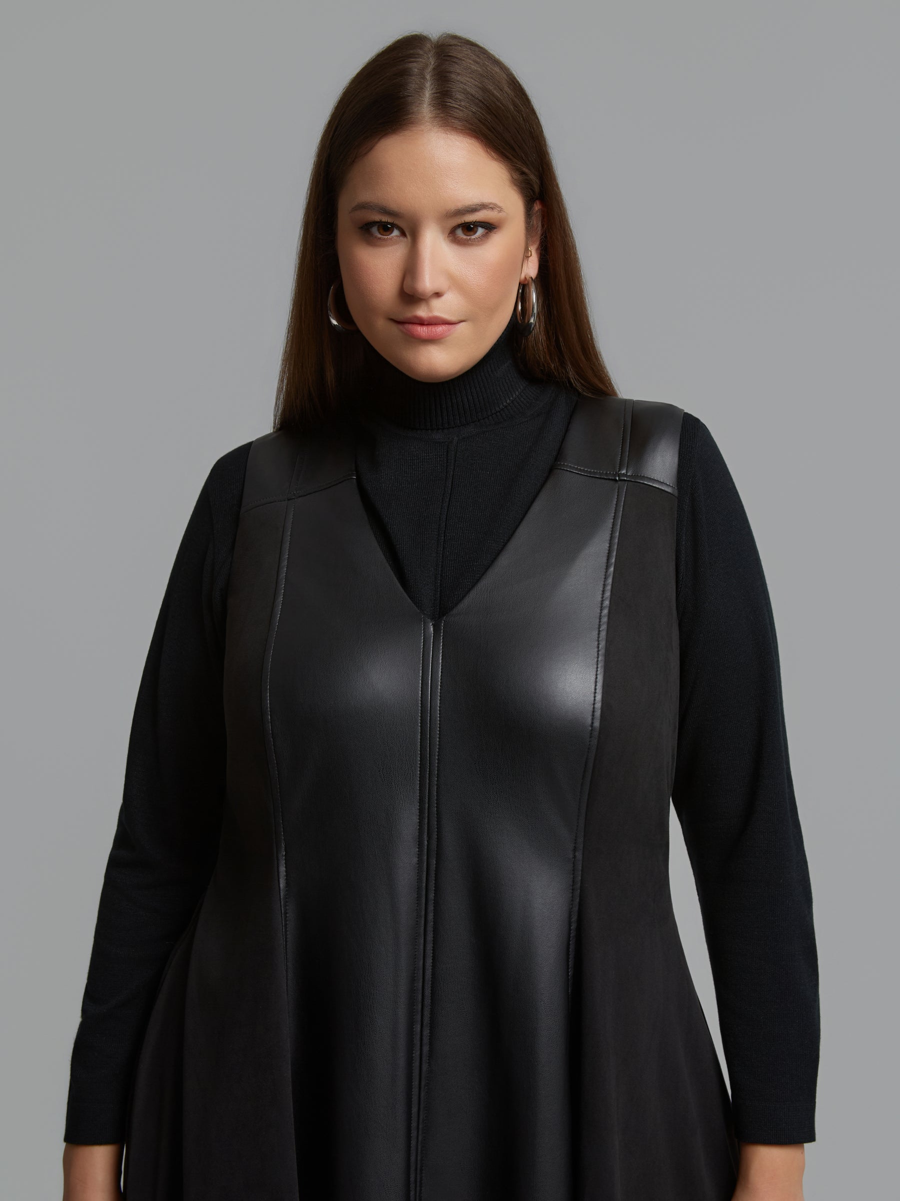 Mat Leather Panel Dress in Black 