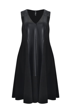 Mat Leather Panel Dress in Black 