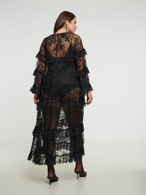 Mat Ruffle Lace Dress in Black