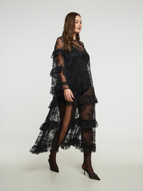 Mat Ruffle Lace Dress in Black