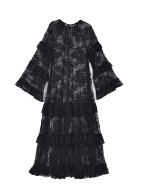 Mat Ruffle Lace Dress in Black