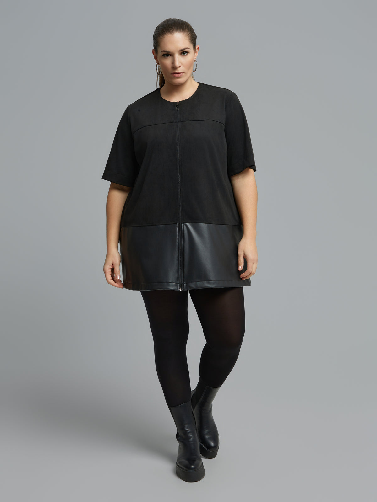 Mat Suede Zip Dress in Black
