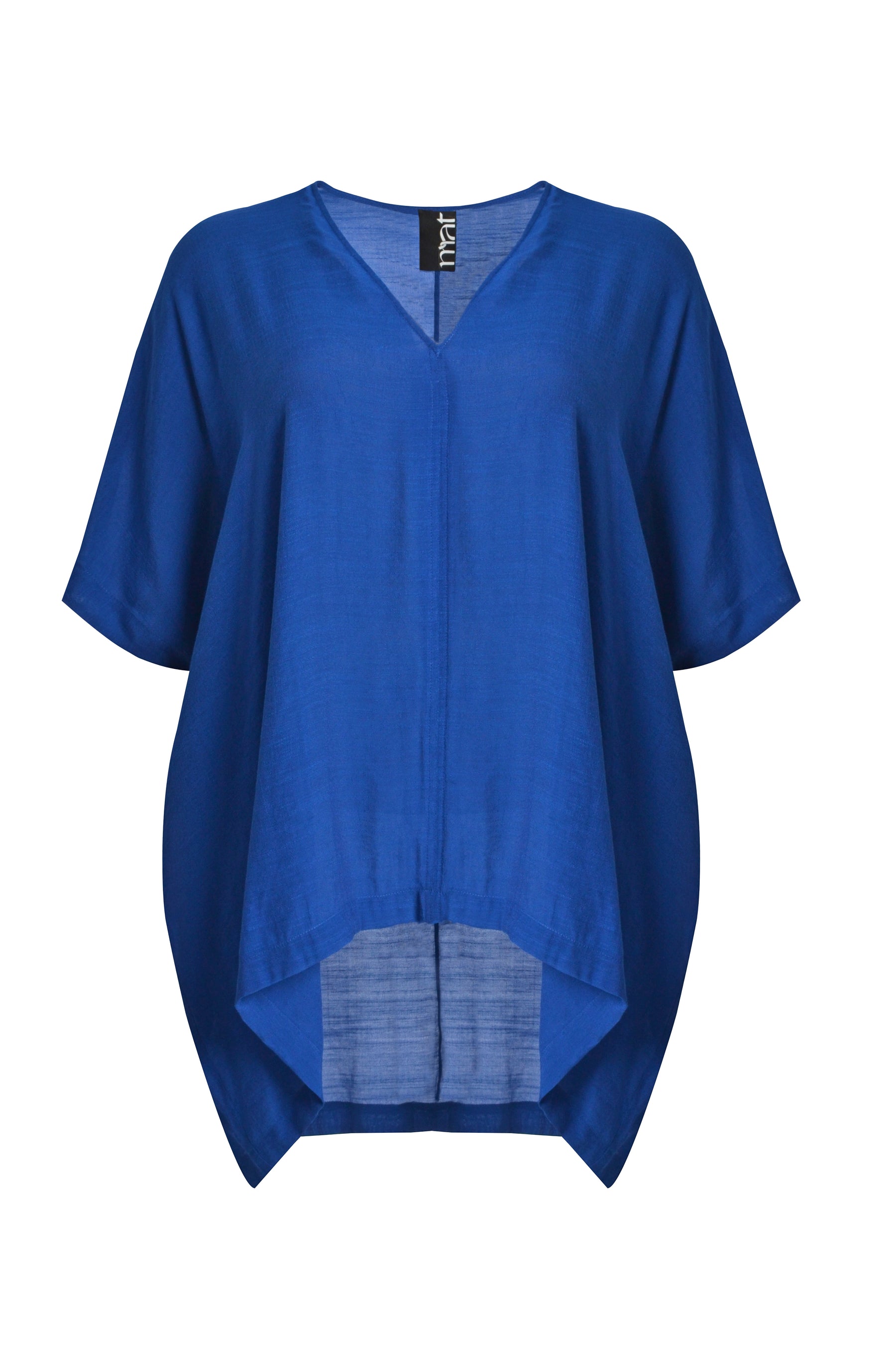 Mat V Neck Blouse in Blue, a V neck blouse with short sleeves and a curved hem in a stunning blue shade