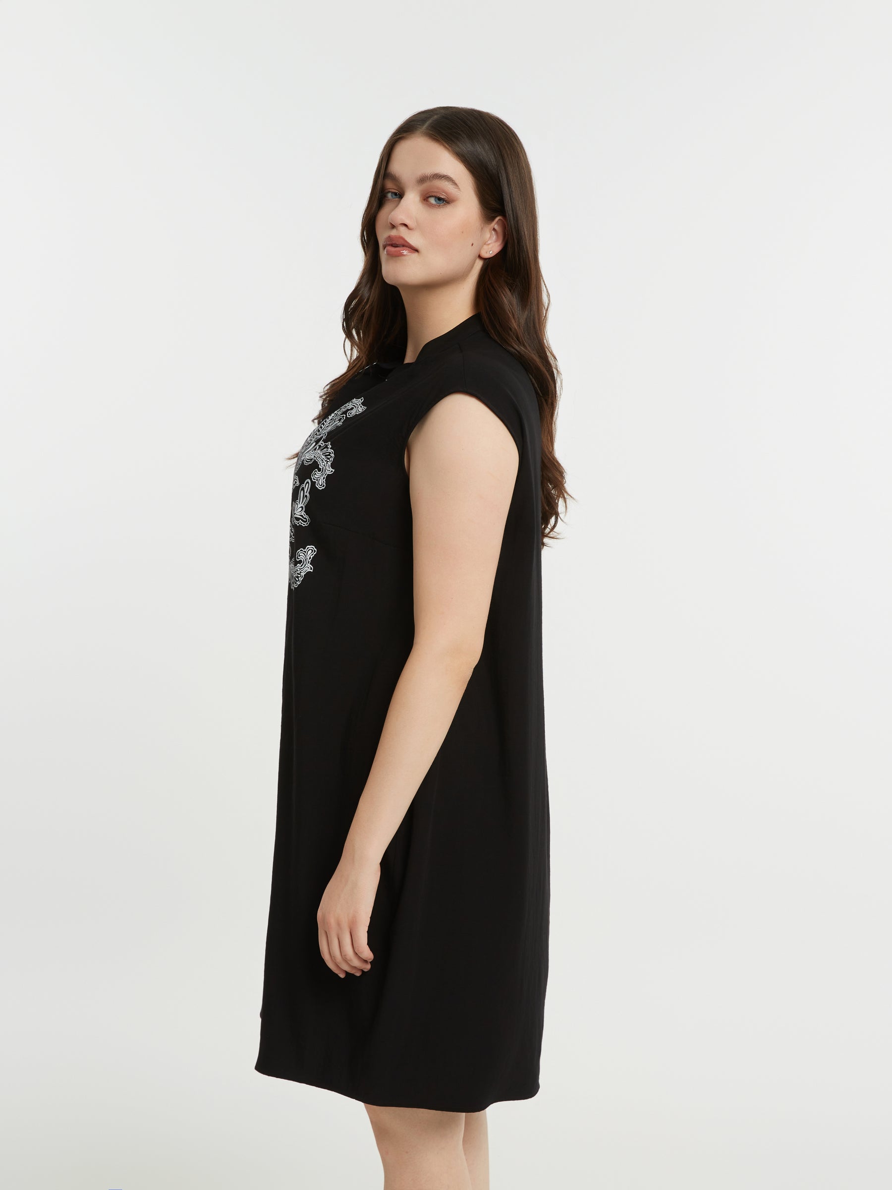 Mat V Neck Midi Dress in Black with short sleeves and a knee length